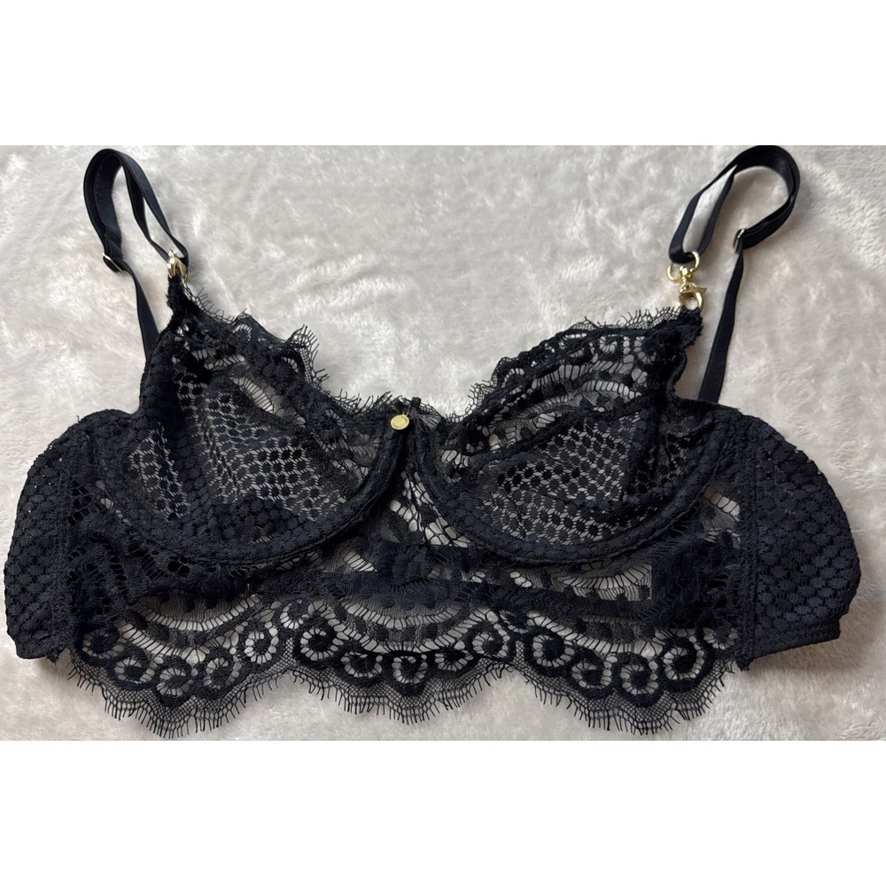 Gooseberry Intimates Full On Glam Black Lace Bra Bralette Gold Hardware Sz M